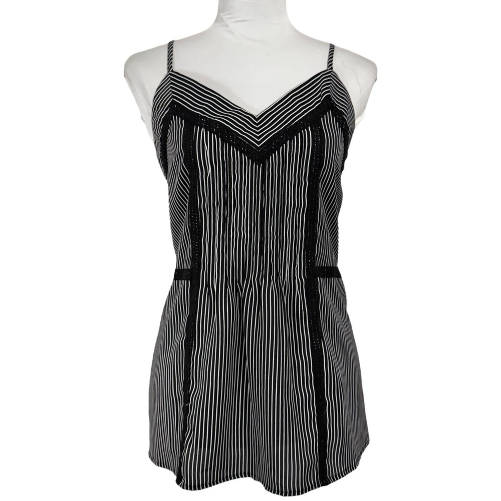 NEW Doe & Rae Striped Cami Blouse Top Size Large Black Lace Trim Pintuck Dressy